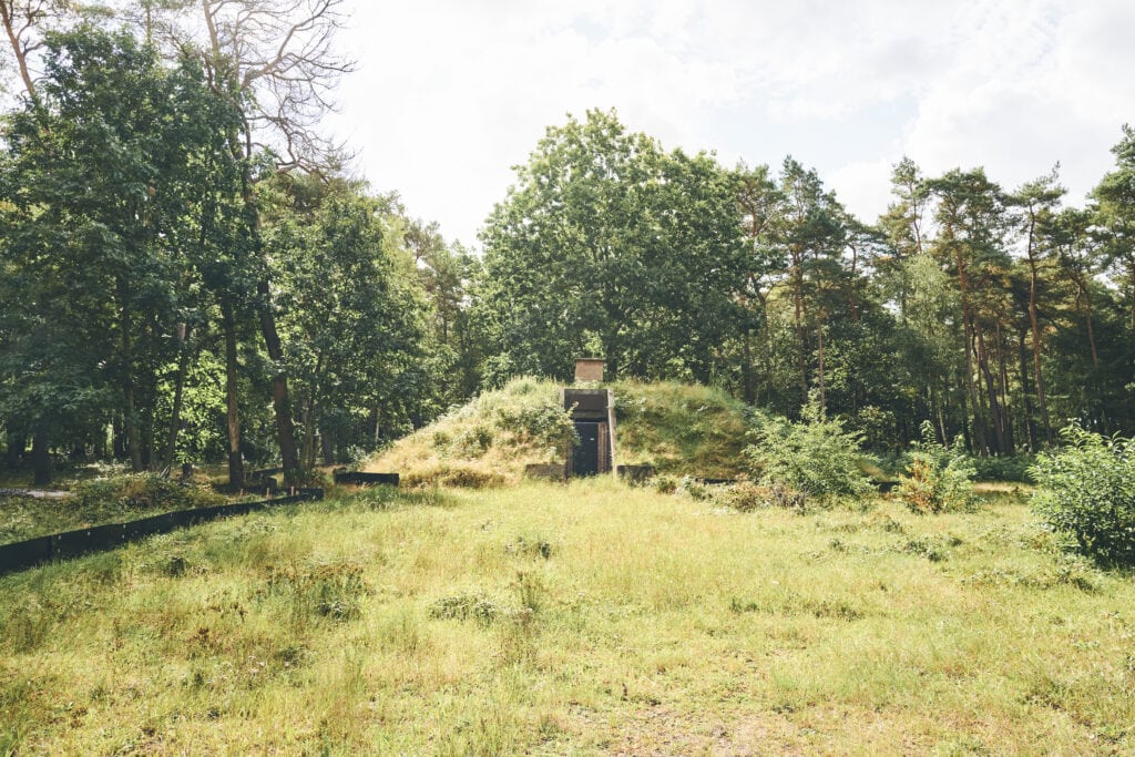Vliegbasis in een bosgebied, met een ondergrondse bunker en een groene, natuurlijke omgeving.