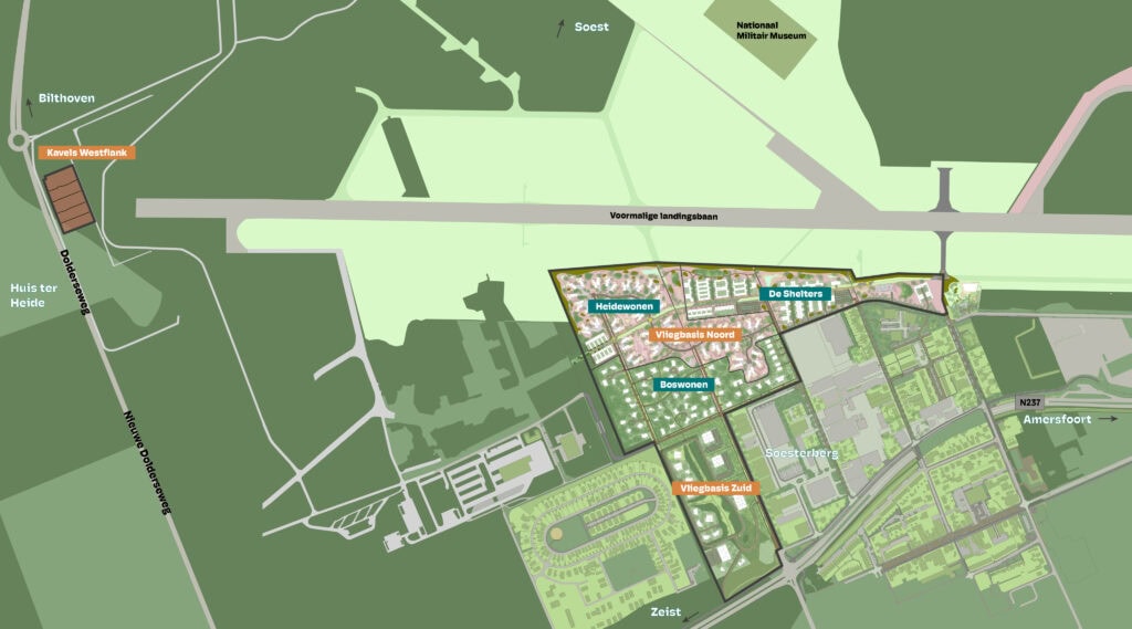 Luchtfoto van vliegbasis W210 met verschillende woonwijken en ontwikkelingen rondom de voormalige militaire luchtbasis, inclusief Vliegbasis Noord en Zuid, en natuurgebieden.