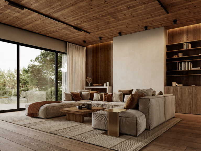 Comfortabel woonkamer met grote glazen schuifdeuren, warm houten interieur en moderne meubels, perfect voor een ontspannen sfeer in de Vliegbasis.