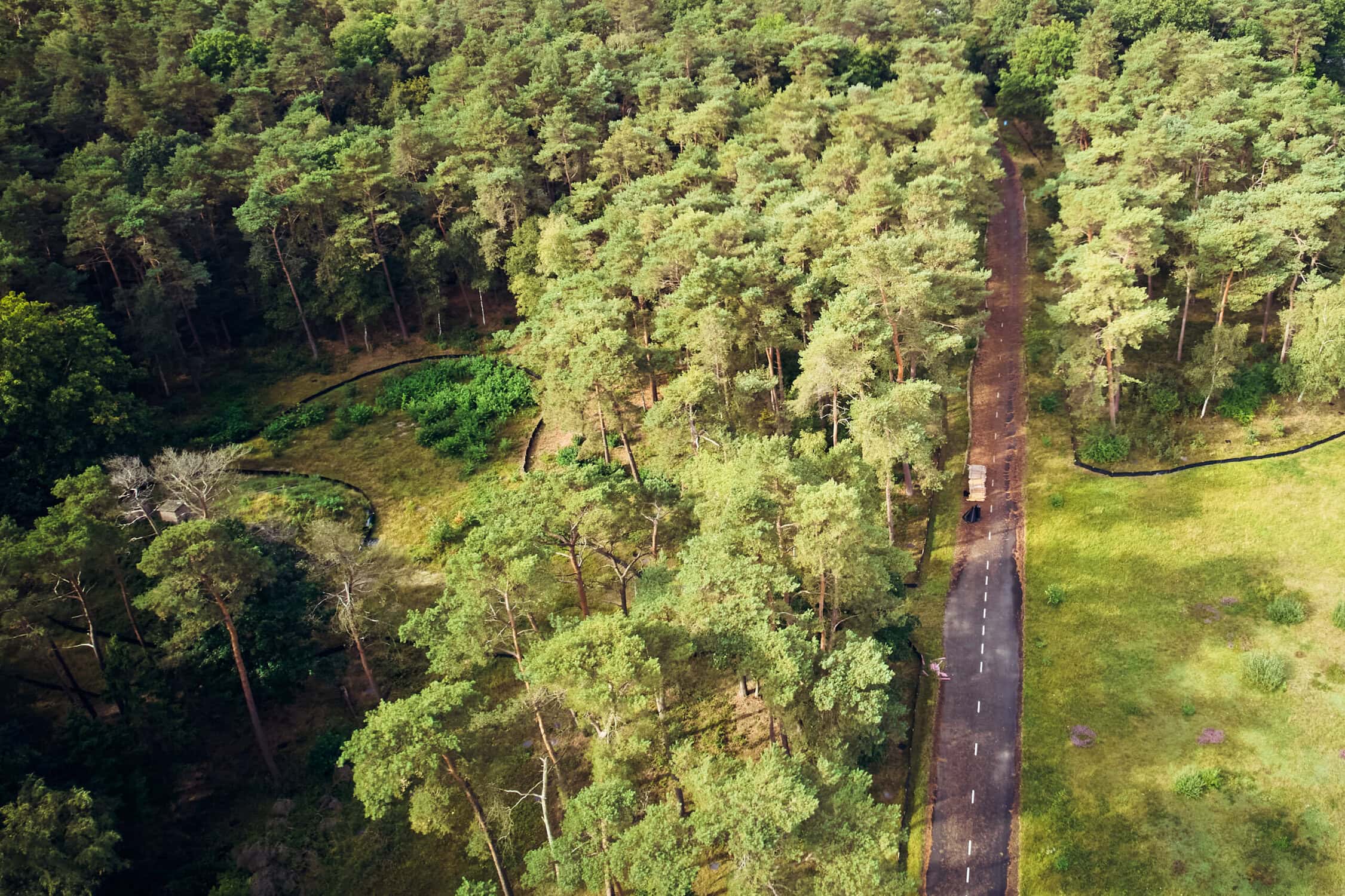 Luchtfoto van de Vliegbasis W210 omgeven door een dennenbos en groene weides.