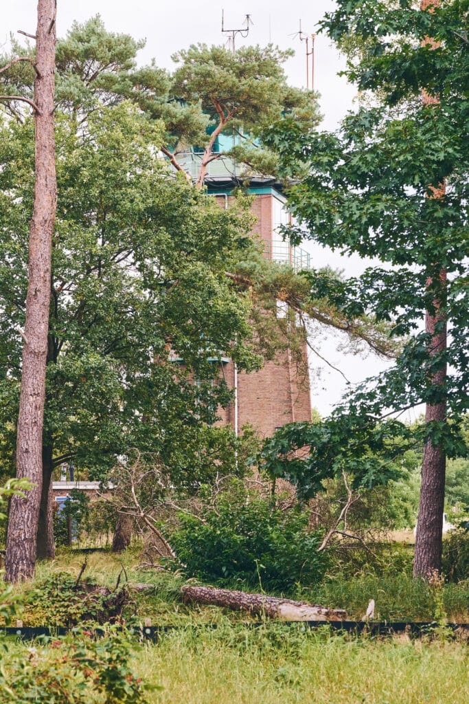 Natuur rond de Vliegbasis W210 met bomen en een oude toren zichtbaar tussen de bladeren.
