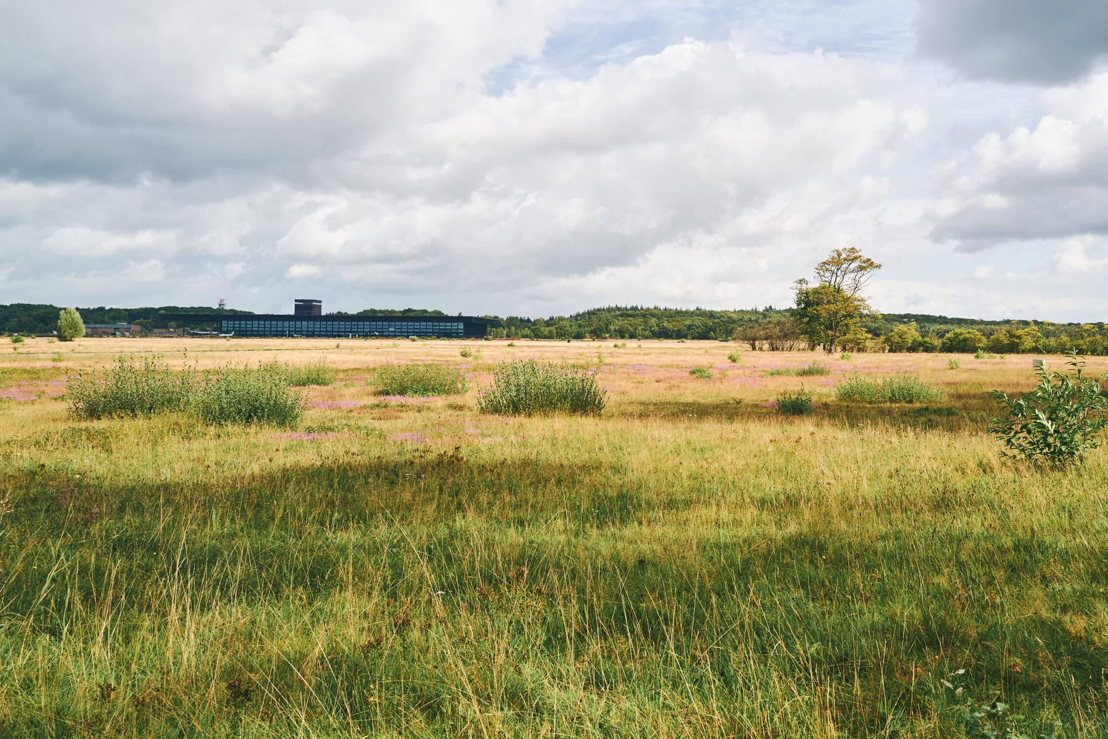 Vliegbasis de Vliegbasis W210 met uitgestrekte graslanden en een modern vliegveld in de achtergrond, omgeven door natuur en een bewolkte hemel.