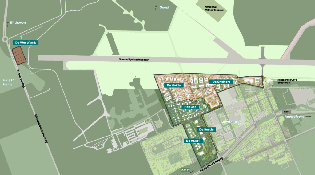 Infrastructuur op de Vliegbasis W210 met militaire en recreatieve gebieden, ingang Via de Valkenberg en nabij het Nationaal Militair Museum.