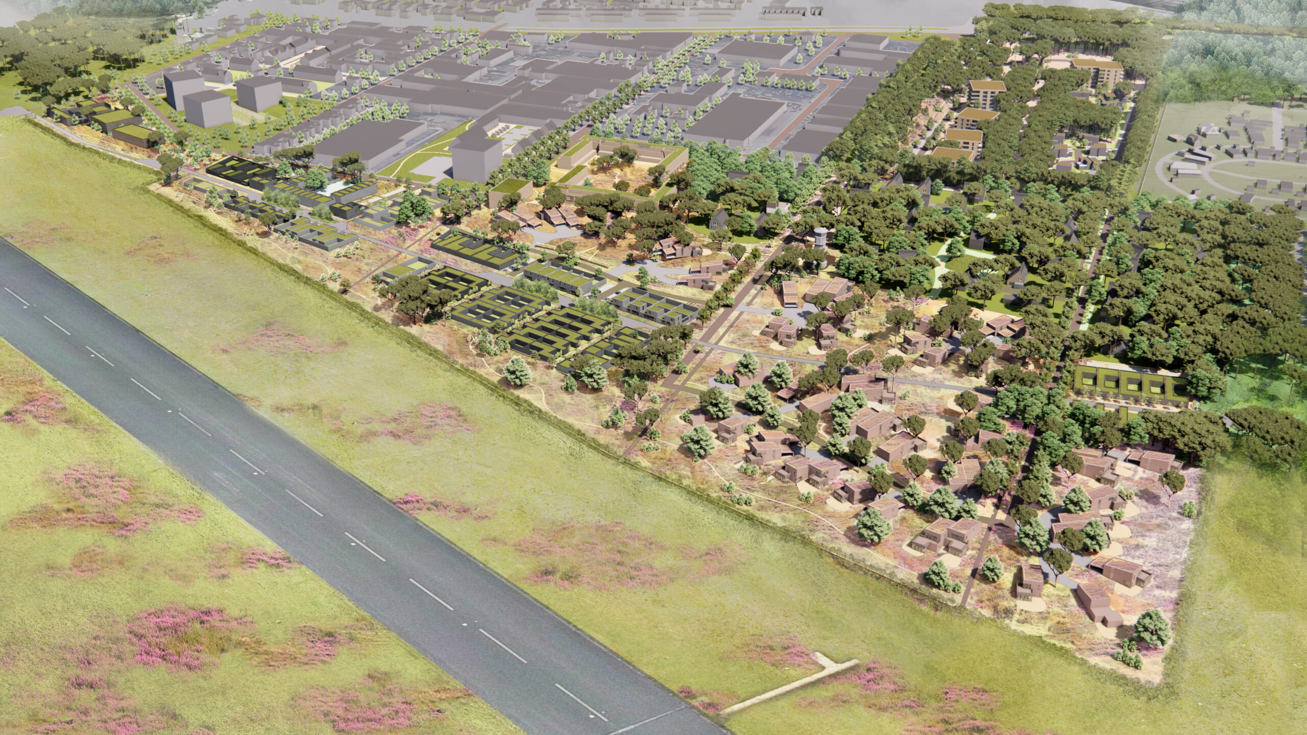 Moderne woningbouw en groen landschap op de Vliegbasis, uitgetekend ontwerp van de toekomstige woonwijk in Nederland.