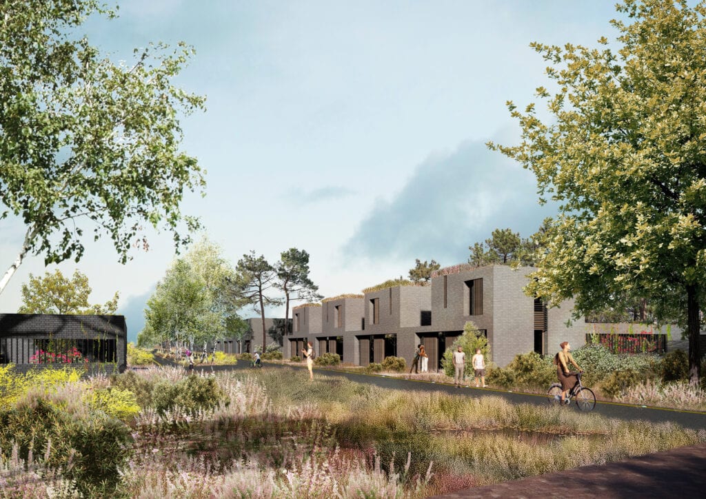 Moderne duurzame woningen op de Vliegbasis met groen landschap, wandel- en fietspaden, ontworpen voor comfortabel wonen en genieten van de natuur.